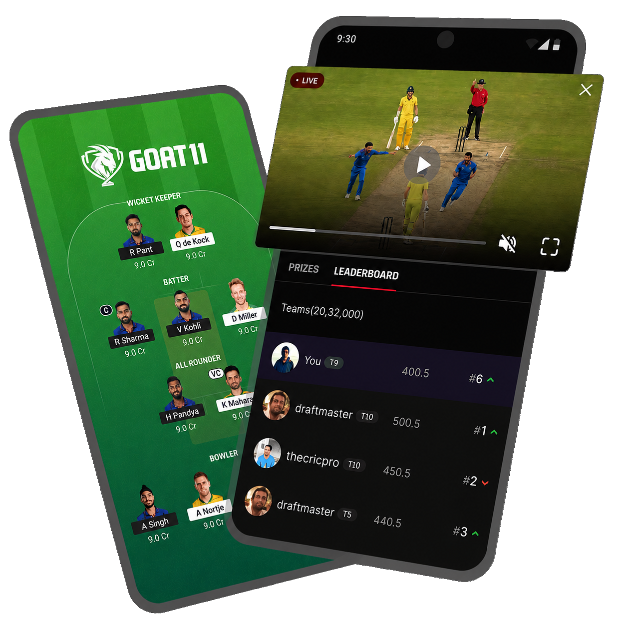 Goat11 App interface showing live fantasy cricket teams, real cash contests, and leaderboard